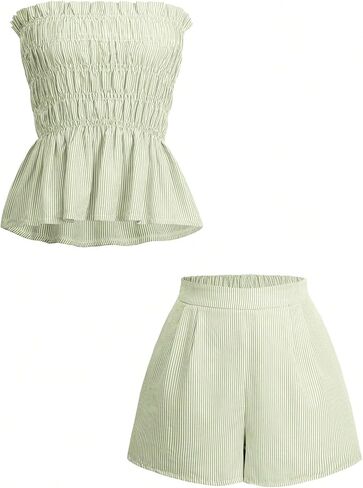 SweatyRocks Women's 2 Piece Vacation Outfits Striped Ruffle Hem Tube Top and Shorts Set Summer in Saudi Arabia