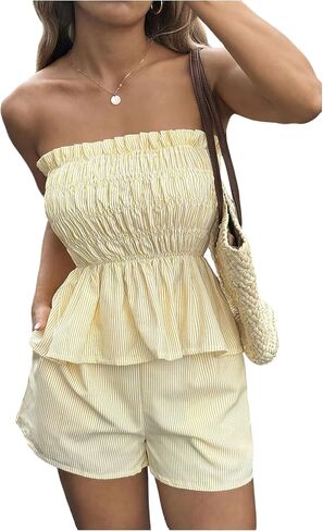 SweatyRocks Women's 2 Piece Vacation Outfits Striped Ruffle Hem Tube Top and Shorts Set Summer in Saudi Arabia