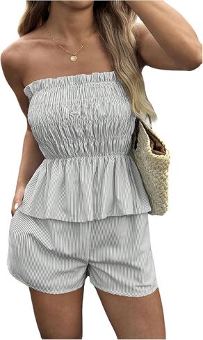 SweatyRocks Women's 2 Piece Vacation Outfits Striped Ruffle Hem Tube Top and Shorts Set Summer in Saudi Arabia