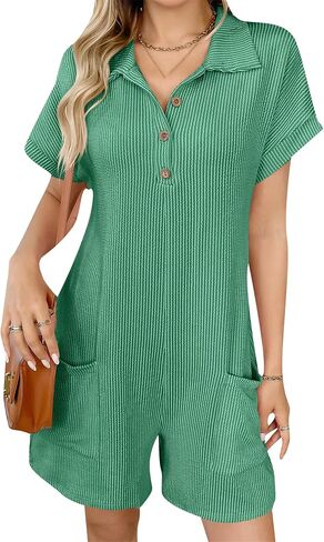 OMZIN Womens Button Up Comfy Jumpsuit Loose Fit V Neck Short Romper Summer Simple Casual Outfits in Saudi Arabia