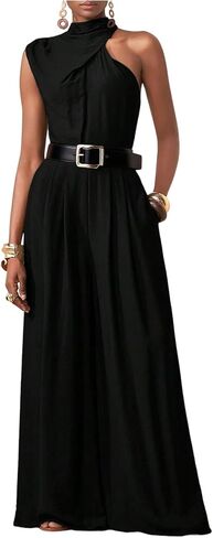 OYOANGLE Women's Sleeveless Wide Leg Pants Romper Elegant Mock Neck Asymmetrical Jumpsuits with Pocket in Kuwait