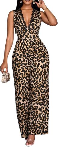 WDIRARA Women's Leopard Deep V Neck Sleeveless Jumpsuit Lace Trim Wide Leg Pants Romper in Kuwait