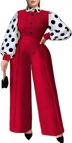ONTINVA Women's Ploka Dot Jumpsuit Lapel Neck Formal Business Casual Romper Wide Leg Pants Going Out Palazzo Outfits in Saudi Arabia