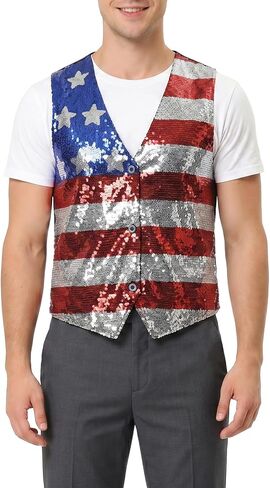 American Flag Sparkly Sequin Button Down Vest for Men Women 4th of July Patriotic Top V Neck Sleeveless Shirt Costume One Size in Saudi Arabia