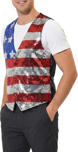 American Flag Sparkly Sequin Button Down Vest for Men Women 4th of July Patriotic Top V Neck Sleeveless Shirt Costume One Size in Saudi Arabia