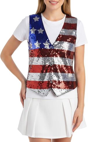 American Flag Sparkly Sequin Button Down Vest for Men Women 4th of July Patriotic Top V Neck Sleeveless Shirt Costume One Size in Saudi Arabia