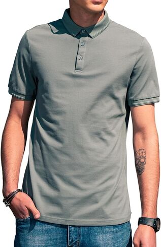 Men's Polo Shirts for Men Short Sleeve Striped Pique Cotton Polo Shirt Business Casual Layering Top in Saudi Arabia