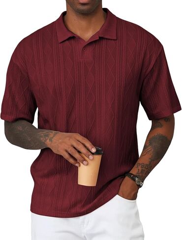 Dokotoo Men Mens Casual Knit Polo Shirt Button Down Stretchy Jacquard Textured Golf Shirts Loose Fit Summer Daily Top in Saudi Arabia