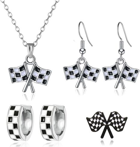 Checkered Flag Jewelry Set for Women and Racing Fans Chic Checker Small Hoop Cartilage Earrings Charm Necklace White Black Enamel Pins Race Day Accessories in Kuwait
