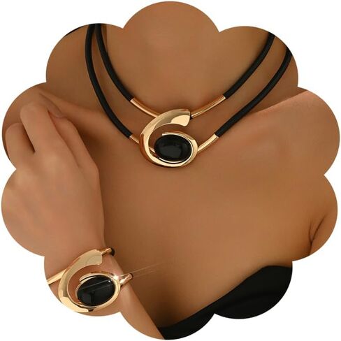 Chunky Gold Statement Jewelry Set for Women Oversized Geometric Hammered Pendant Choker Necklaces Trendy Black and Gold Jewelry Sets in Saudi Arabia
