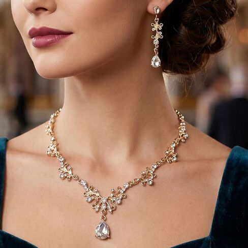 Jewelry Set for Women, Bridal Jewelry Rhinestone Crystal Flower Necklace and Dangle Earrings Set for Wedding Party in Kuwait