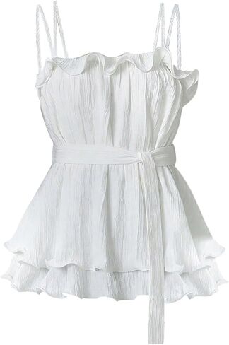 SHENHE Women's Y2k Spaghetti Strap Peplum Top Layered Ruffle Waist Belt Flowy Babydoll Top in Kuwait