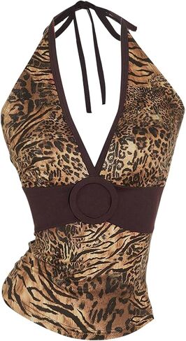 Verdusa Women's Y2K Tops Leopard Print Halter Top Tie Backless Going Out Summer Western Outfit in Kuwait