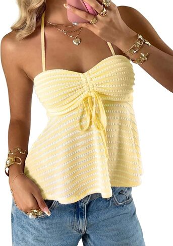 SISKIN Women's Halter Crop Tops Striped Drawstring Knot Ruffle Hem Slim Fit Halter Top Summer Casual Vacation Wear in Saudi Arabia