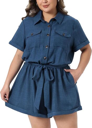 Agnes Orinda Plus Size Rompers for Women Short Sleeve Button Down Belted with Pockets Faux Linen Texture Short Jumpsuits in Kuwait