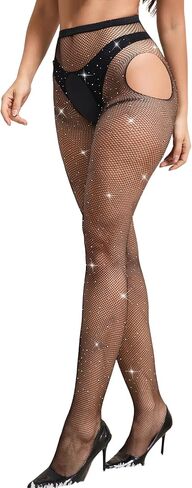 Women's Rhinestone Fishnet Tights High Waist Shimmery Hollow Out Stockings Sexy Sparkly Pantyhose Plus Size in Saudi Arabia