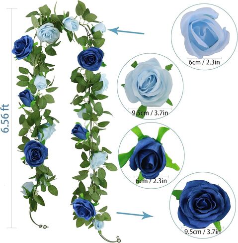 GREENTIME 2Pack Mixed Blue Artificial Rose Flower Garland 13FT Fake Rose Vine for Table Wall Home Stairs Fireplace Mirror Decor Wedding Graduation Father's Day Party Decorations in Saudi Arabia