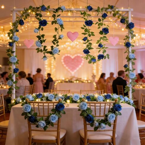GREENTIME 2Pack Mixed Blue Artificial Rose Flower Garland 13FT Fake Rose Vine for Table Wall Home Stairs Fireplace Mirror Decor Wedding Graduation Father's Day Party Decorations in Saudi Arabia