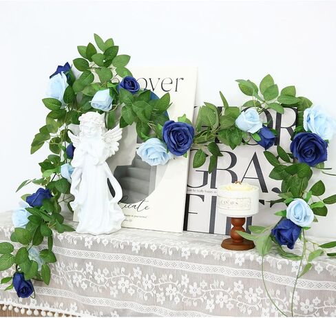 GREENTIME 2Pack Mixed Blue Artificial Rose Flower Garland 13FT Fake Rose Vine for Table Wall Home Stairs Fireplace Mirror Decor Wedding Graduation Father's Day Party Decorations in Saudi Arabia