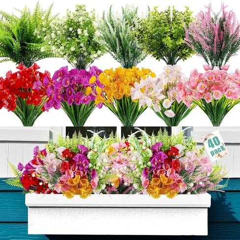Thiccywoov 40 Bundles Artificial Flowers for Outdoor 4th of July No Fade Faux Artificial Plants Shrubs Decor Plastic Fake Flower 10 Kinds UV Resistant Faux Flowers for Independence Day in Saudi Arabia