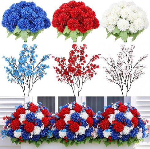 Suncalla 21 Bundles 4th of July Artificial Flowers, 15 Sets Red White Blue Hydrangea & 6 Sets Baby's Breath Faux Flowers, Silk Floral Arrangements for Memorial Day, Independence Day Table Centerpieces in Kuwait