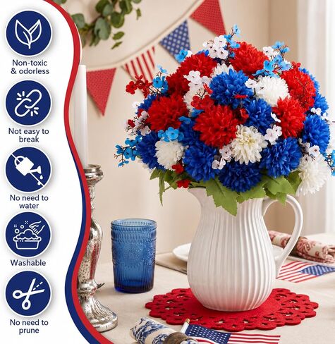 Suncalla 21 Bundles 4th of July Artificial Flowers, 15 Sets Red White Blue Hydrangea & 6 Sets Baby's Breath Faux Flowers, Silk Floral Arrangements for Memorial Day, Independence Day Table Centerpieces in Kuwait
