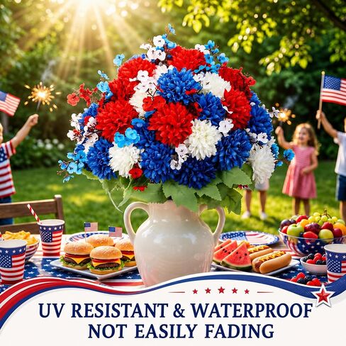 Suncalla 21 Bundles 4th of July Artificial Flowers, 15 Sets Red White Blue Hydrangea & 6 Sets Baby's Breath Faux Flowers, Silk Floral Arrangements for Memorial Day, Independence Day Table Centerpieces in Kuwait