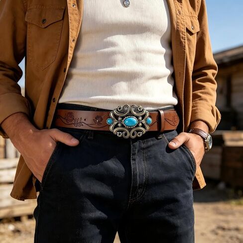 Women's Retro Vintage Buckle Belt,Women's Boho Turquoise Buckle Belt for Everyday and Outfit(Brown) in Kuwait