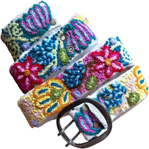 Embroidered Flower Belt, Wool Belt, Peruvian, Hand Embroidered, Boho - "Aqua Star" in Saudi Arabia
