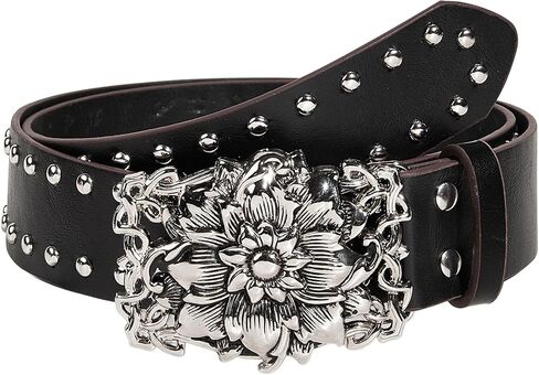 Western Rhinestone Buckle PU Leather Waist Belt Vintage Floral Belt Engraved Hollow Metal Buckle Punk Belt in Saudi Arabia