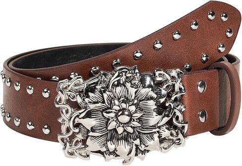 Western Rhinestone Buckle PU Leather Waist Belt Vintage Floral Belt Engraved Hollow Metal Buckle Punk Belt in Saudi Arabia