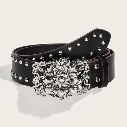 Western Rhinestone Buckle PU Leather Waist Belt Vintage Floral Belt Engraved Hollow Metal Buckle Punk Belt in Saudi Arabia