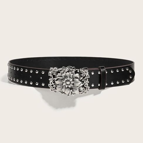 Western Rhinestone Buckle PU Leather Waist Belt Vintage Floral Belt Engraved Hollow Metal Buckle Punk Belt in Saudi Arabia