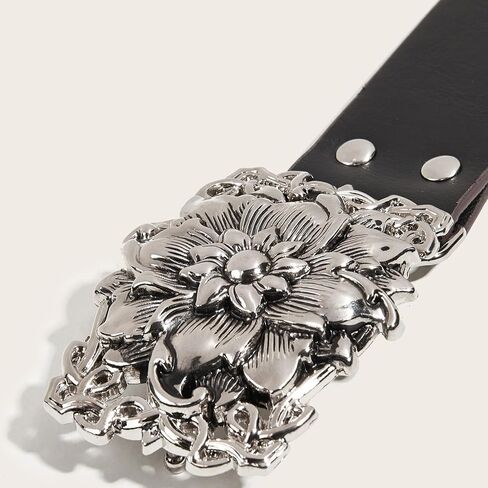 Western Rhinestone Buckle PU Leather Waist Belt Vintage Floral Belt Engraved Hollow Metal Buckle Punk Belt in Saudi Arabia