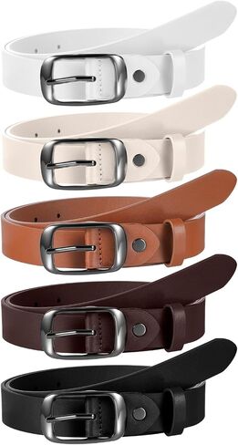 5 Pack Women Leather Belt 1.3 inches Skinny Leather Tan Belts Womens Bella Black White Girls belt for Jeans Dress Ladies Vintage Waist Belts with Gold Silver Buckle in Saudi Arabia