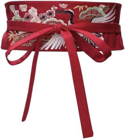 Vctitil Chinese Traditional Pre-tied Belt - Flower and Red Crowned Crane with Auspicious Symbolism Embroidered Wide Waistband Women's Accessories in Kuwait