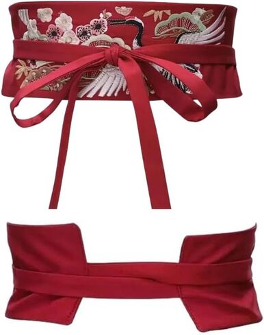Vctitil Chinese Traditional Pre-tied Belt - Flower and Red Crowned Crane with Auspicious Symbolism Embroidered Wide Waistband Women's Accessories in Kuwait