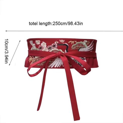 Vctitil Chinese Traditional Pre-tied Belt - Flower and Red Crowned Crane with Auspicious Symbolism Embroidered Wide Waistband Women's Accessories in Kuwait