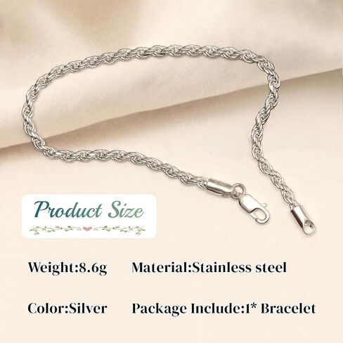 GAUEIOUR Stainless Steel Mens Bracelets,Silver Plated Figaro/Twist Rope Chain Bracelet for Men,Fashion Link Hip Hop Rope Chain Bracelets Jewellry Gifts for Lover Friends Dad Boyfriend (22CM) in Saudi Arabia