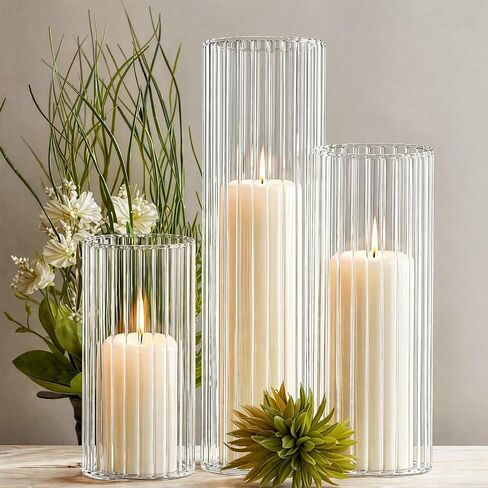 Sandraheer 12-Pack White Pillar Candles with Clear Hurricane Glass Vases - 3-Size Set for Wedding Table Centerpieces, Home Decor | Windproof Candle Holders in Saudi Arabia