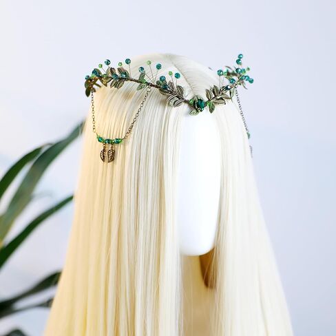 MOSTORY Medieval Woodland Fairy Crown - Beaded Leaf Elf Circlet with Tassel for Women Viking Renaissance Renfaire Cosplay in Kuwait