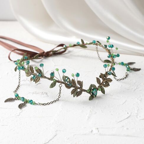 MOSTORY Medieval Woodland Fairy Crown - Beaded Leaf Elf Circlet with Tassel for Women Viking Renaissance Renfaire Cosplay in Kuwait