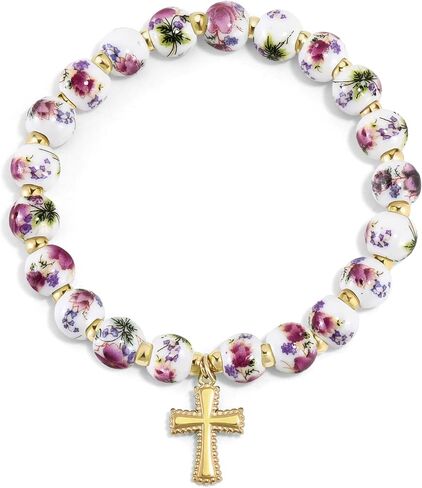 VIBILIA Cross Bracelets for Women, Cross Charm Vintage Jewelry, Flower Beaded Bracelet, Gold Handmade Stretch Jesus Baptism Romantic Christian Birthday Gifts for Women on Easter Mother's Day in Saudi Arabia
