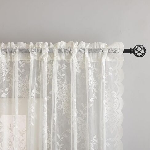 YJ YANJUN Beige Lace Curtains 63 inch Length Vintage Victorian Floral Sheer Drapes for Dining Living Room Bedroom, 2 Panels Rod Pocket Light Filtering French Country Cottage Core Decor W52 X L63 in Saudi Arabia