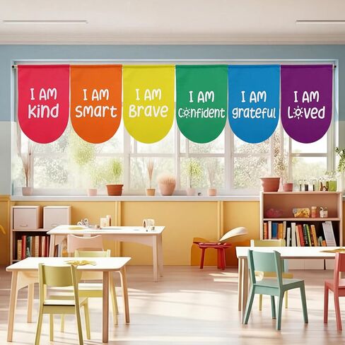 Breling 6 Pcs Rainbow School Classroom Curtains with Motivational Positive Words Colorful Back to Classroom Curtains Drapes Rainbow Decor for Kindergarten Primary School Playroom, 36 x 24 Inch in Kuwait