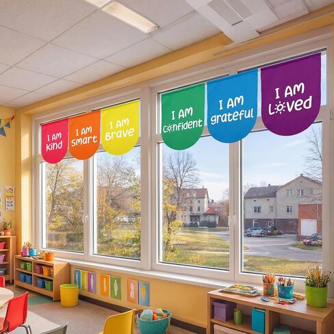 Breling 6 Pcs Rainbow School Classroom Curtains with Motivational Positive Words Colorful Back to Classroom Curtains Drapes Rainbow Decor for Kindergarten Primary School Playroom, 36 x 24 Inch in Kuwait