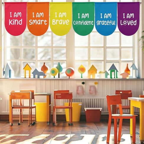 Breling 6 Pcs Rainbow School Classroom Curtains with Motivational Positive Words Colorful Back to Classroom Curtains Drapes Rainbow Decor for Kindergarten Primary School Playroom, 36 x 24 Inch in Kuwait