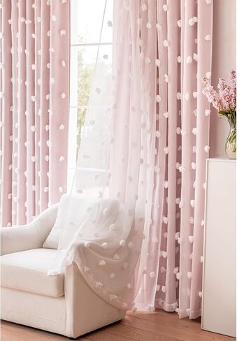 Blush Pink Curtains for Girls Bedroom 2 Panels Double Layer Blackout Curtain with Fluffy Floral Pom Pom Sheer Drapery for Preppy Kids Toddler Room Decor, Room Darkening Window Drapes, 52x84 in Kuwait