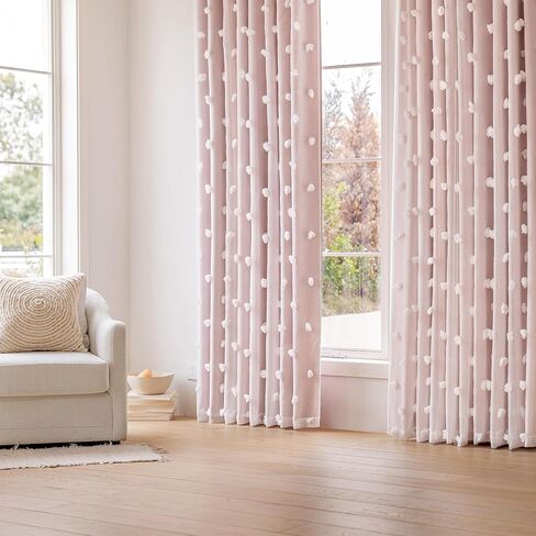 Blush Pink Curtains for Girls Bedroom 2 Panels Double Layer Blackout Curtain with Fluffy Floral Pom Pom Sheer Drapery for Preppy Kids Toddler Room Decor, Room Darkening Window Drapes, 52x84 in Kuwait