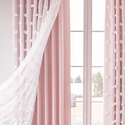 Blush Pink Curtains for Girls Bedroom 2 Panels Double Layer Blackout Curtain with Fluffy Floral Pom Pom Sheer Drapery for Preppy Kids Toddler Room Decor, Room Darkening Window Drapes, 52x84 in Kuwait
